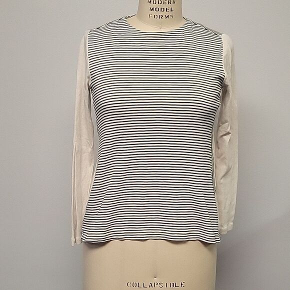 J. Jill Perfect Pima Striped Long Sleeve Tee Shirt XSP Hunter Green Oatmeal - Picture 1 of 5